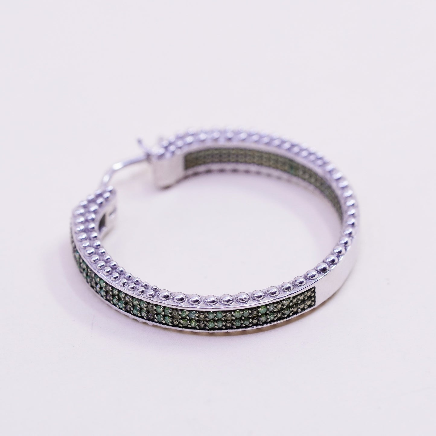 1.25”, sterling silver earrings, 925 silver hoops, Huggie with cluster emerald