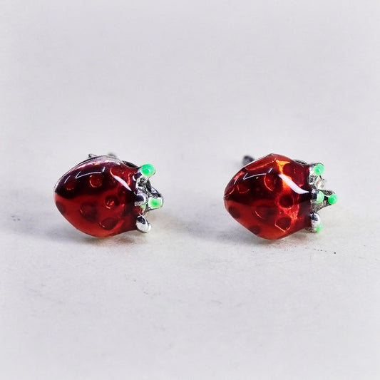 Vintage sterling silver strawberry earrings, 925 enamel studs