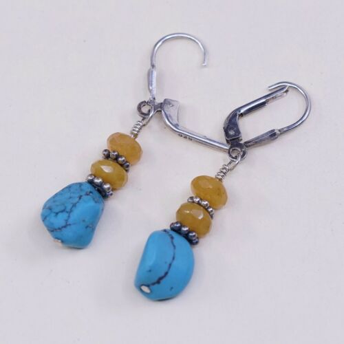 Vtg STERLING 925 SILVER Handmade earrings with Turquoise N Citrine Besdd