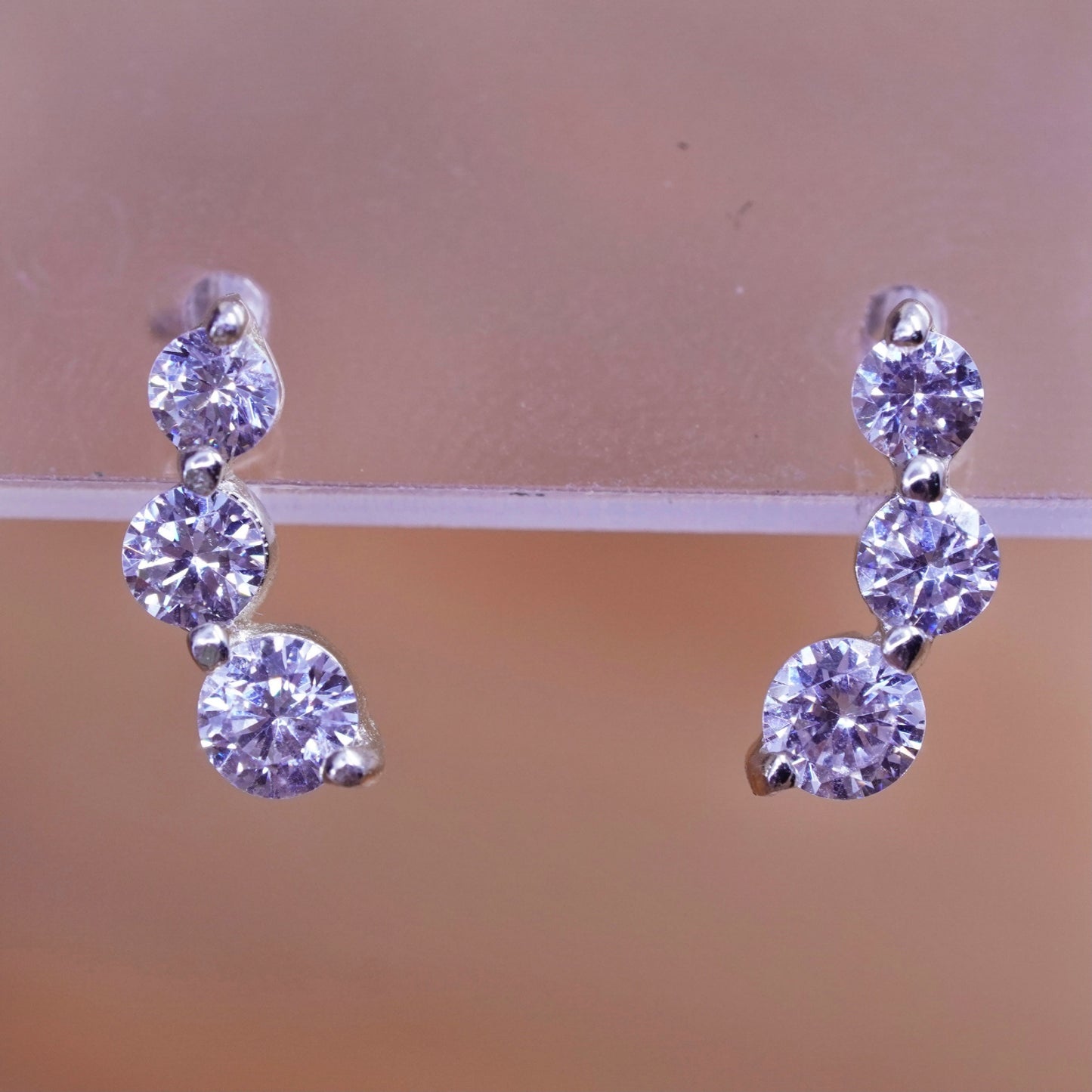 vintage Sterling silver clear round crystal studs, cz earrings