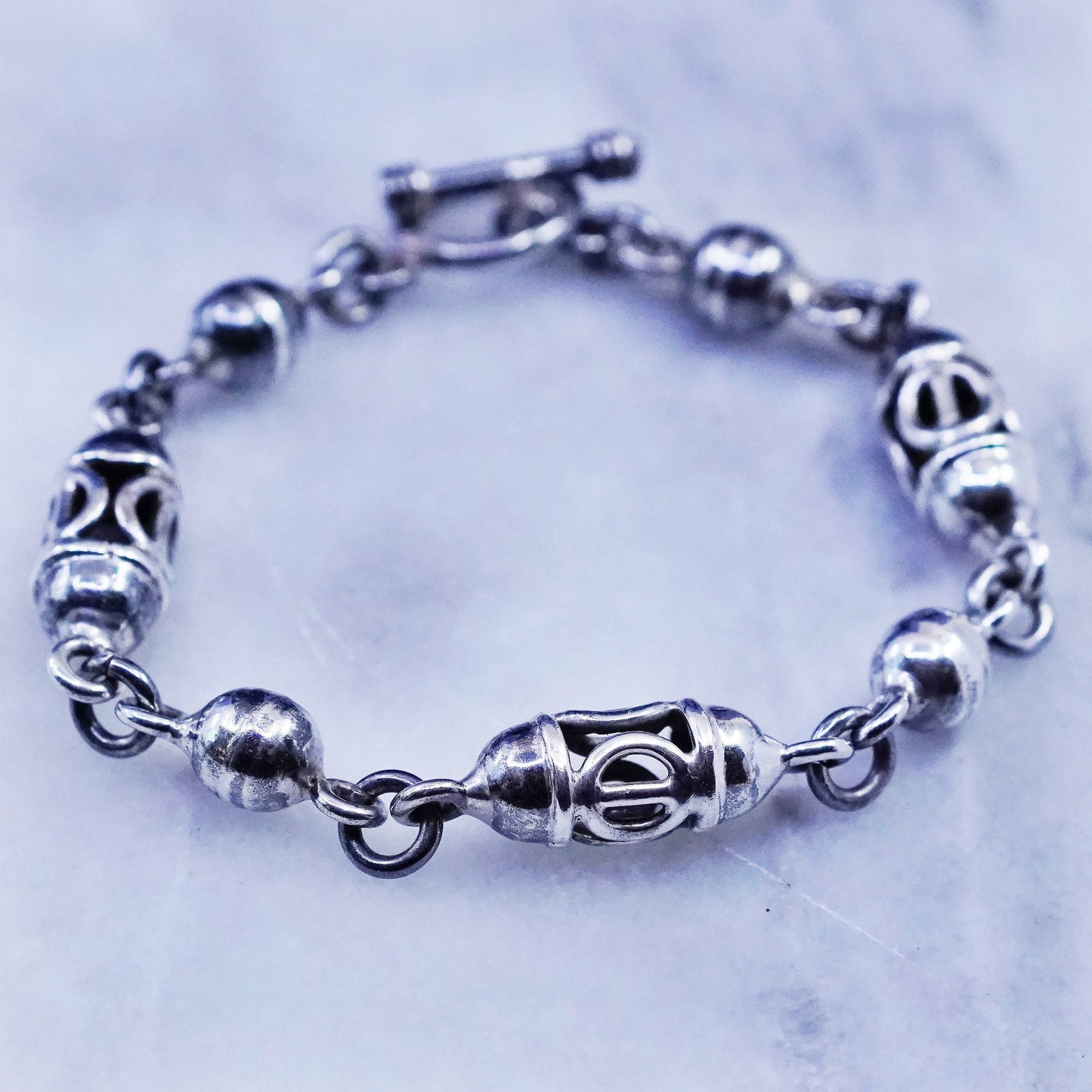 6.75”, vintage sterling 925 silver handmade bracelet with bali beads