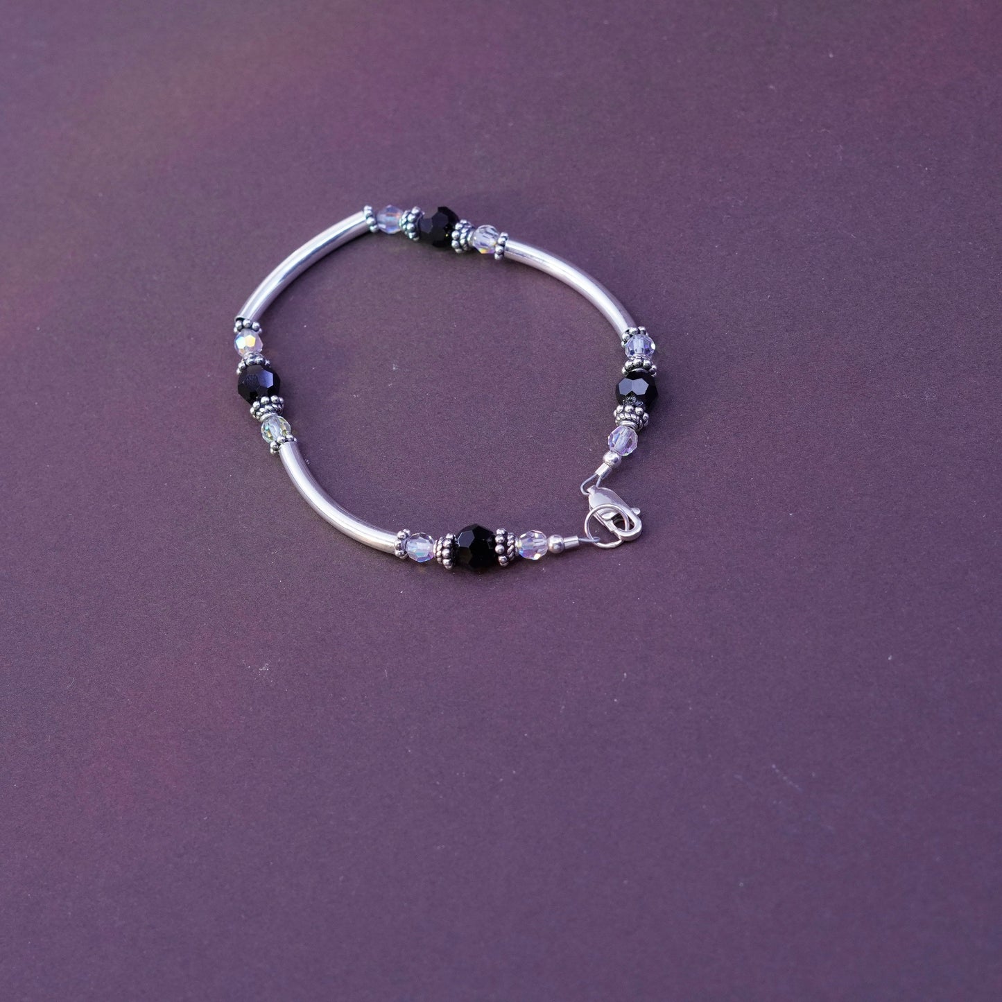 7”, Sterling silver beads bracelet, 925 bar beads with obsidian crystal beads