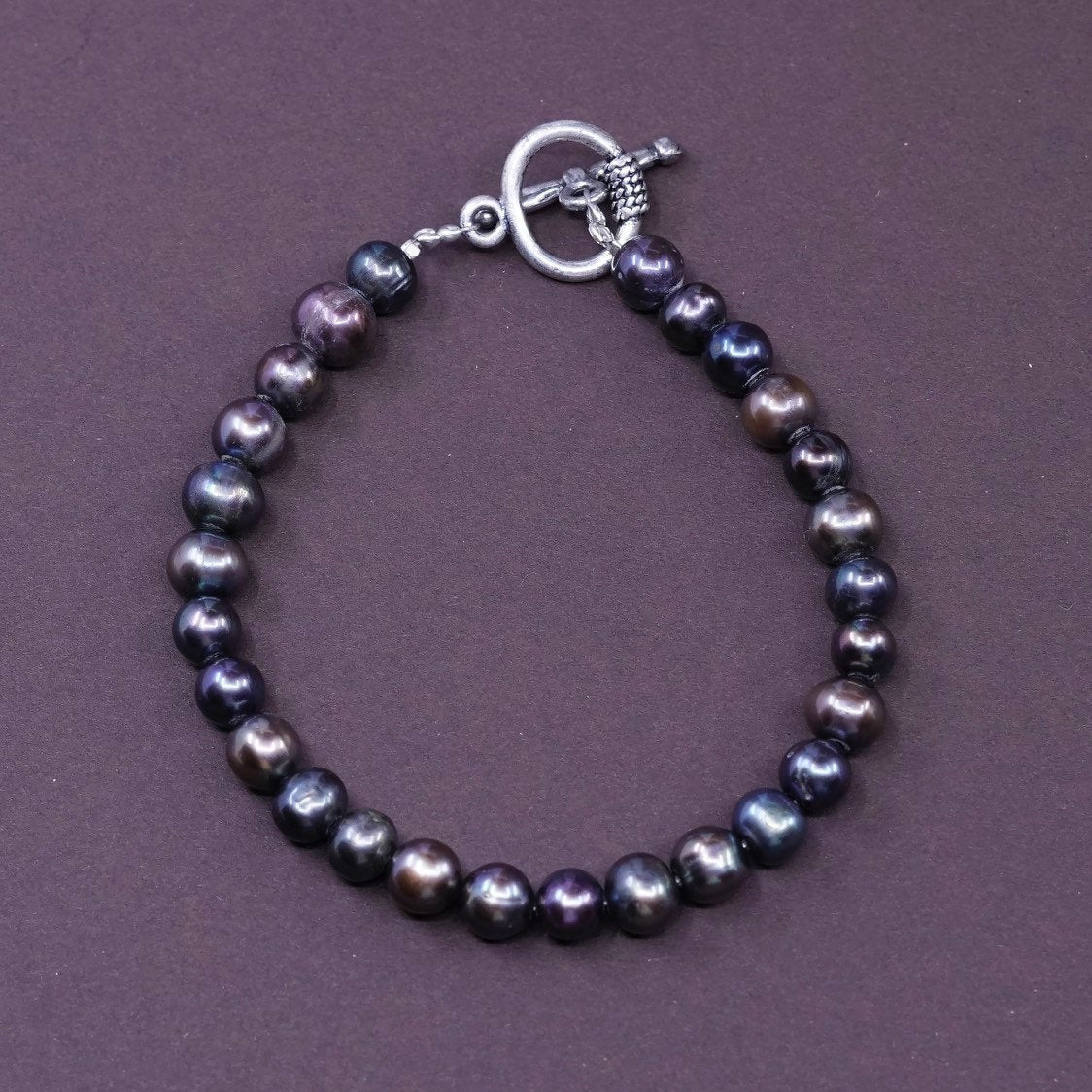 7.25" handmade Tahitian pearl beads bracelet, sterling 925 silver toggle