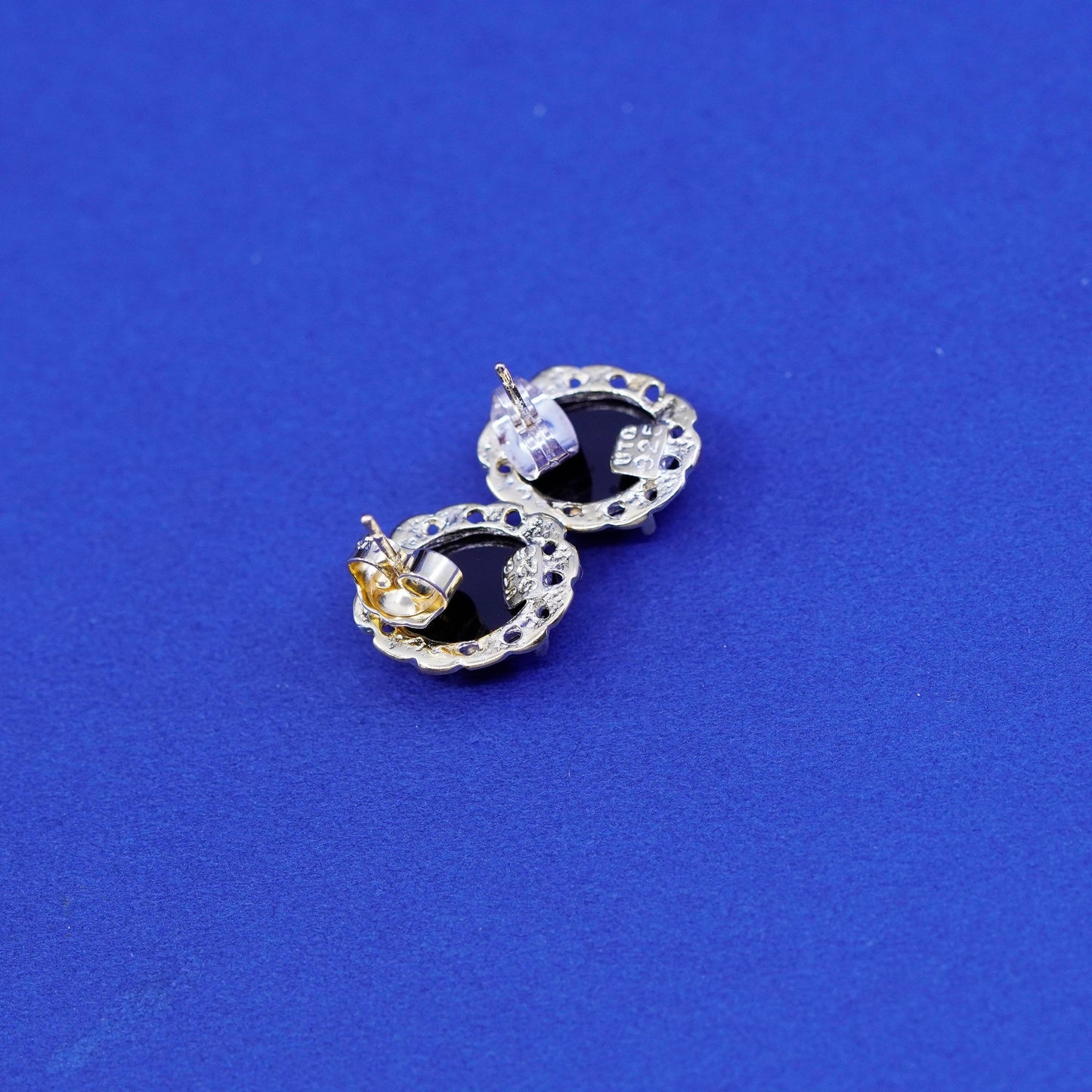 UT Vermeil gold over sterling silver handmade earrings, 925 studs obsidian