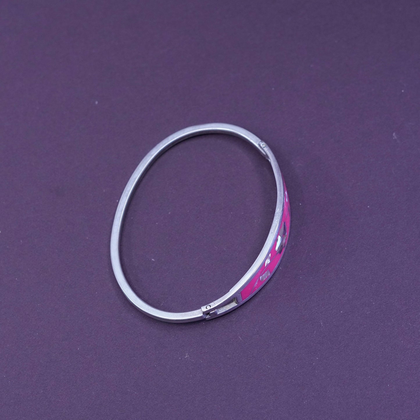 6.75”, alpaca silver Taxco handmade bracelet, hinged bangle with abalone flower