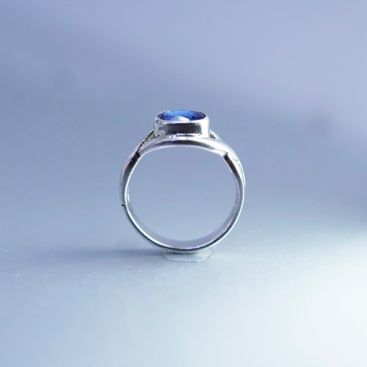 Size 7.75, vintage Sterling 925 silver handmade statement ring w/ blue crystal