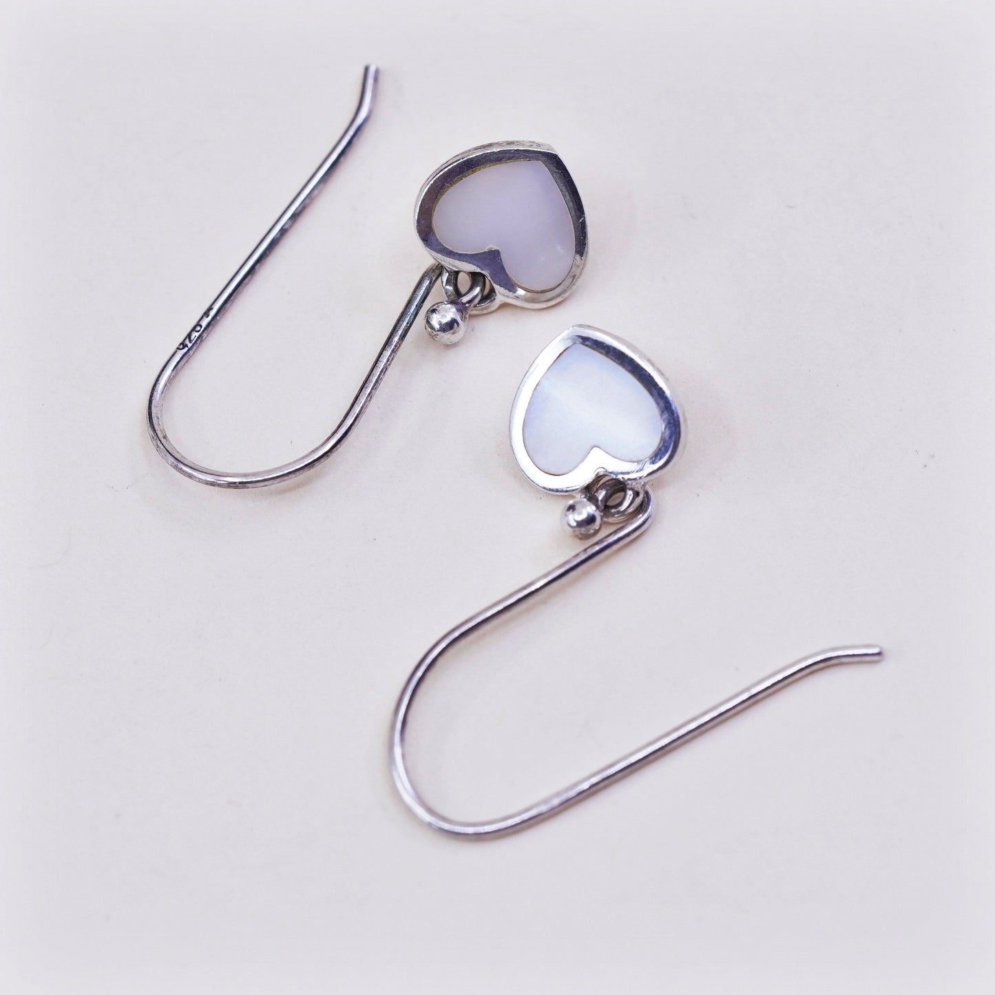 Vintage sterling 925 silver handmade earrings with heart white Mother of pearl