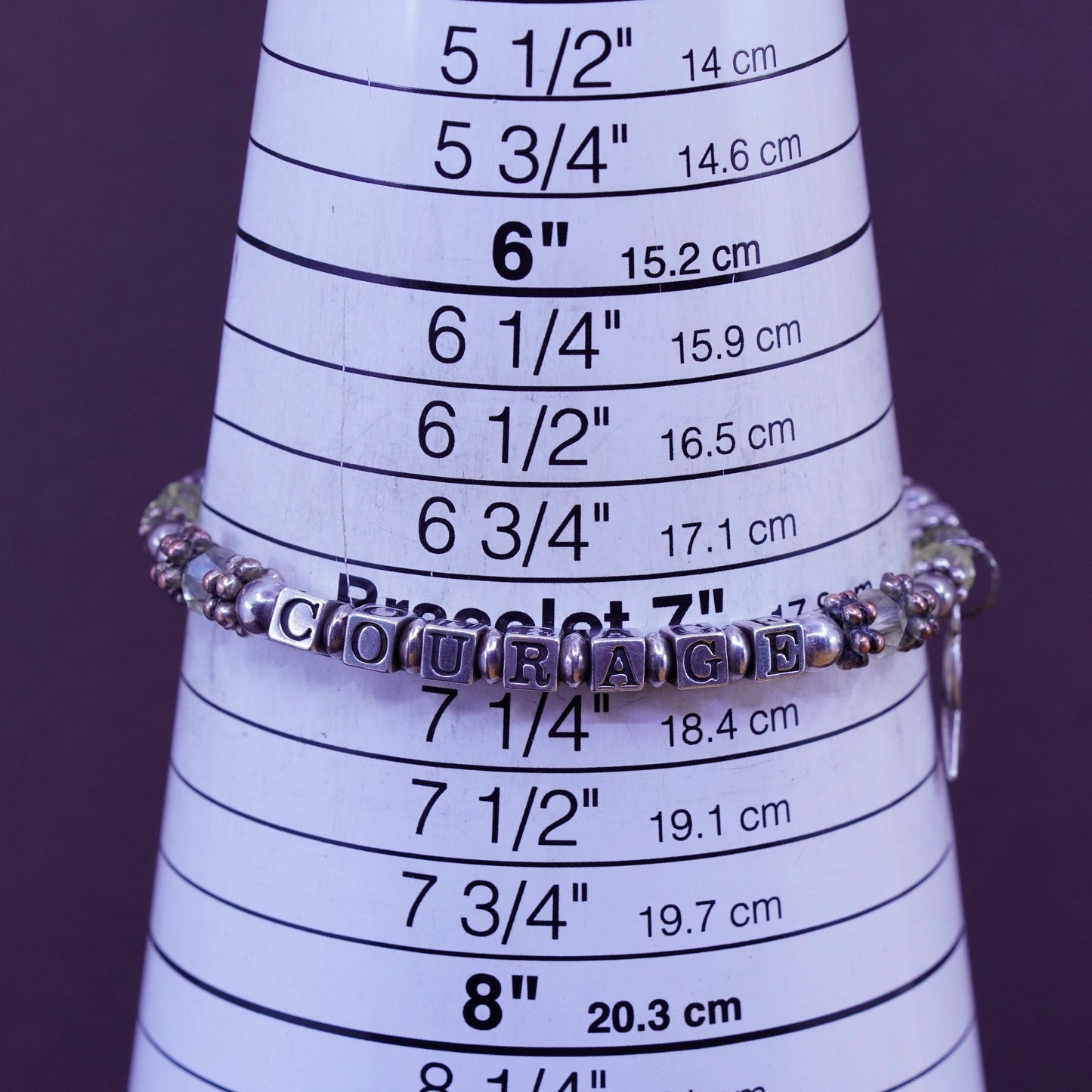 7”, Sterling 925 silver bracelet amethyst beads “courage cubes and ribbon charm