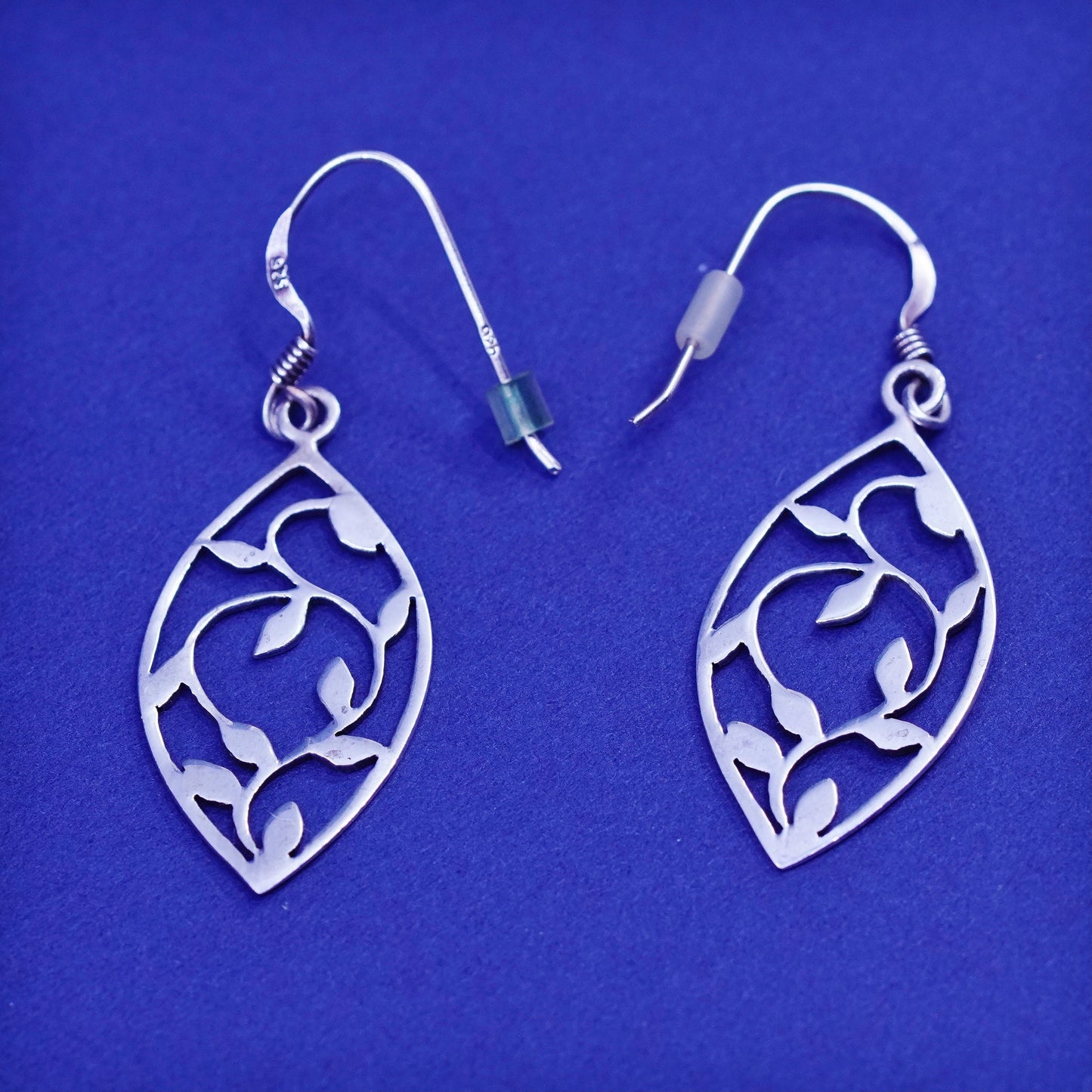 Vintage sterling silver handmade earrings, 925 marquise drops with leaf cutout