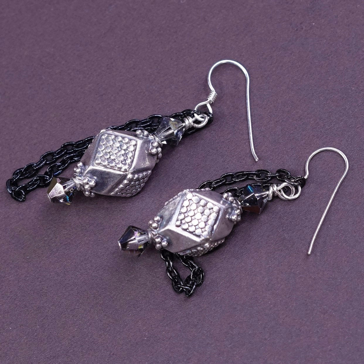 Sterling silver handmade earrings, Mexican 925 beads dangles with black chain
