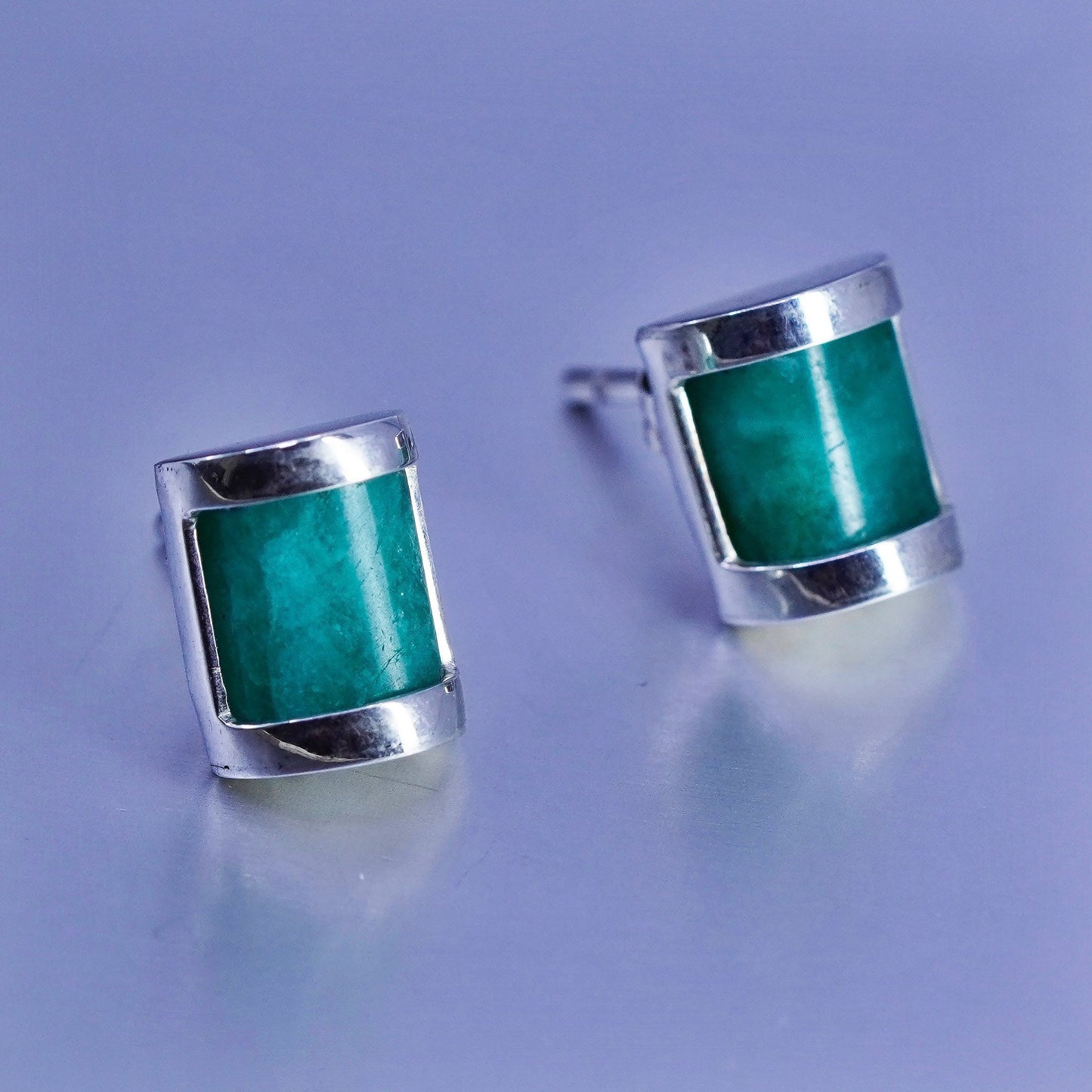 Vintage Sterling 925 silver earrings, square studs with jade