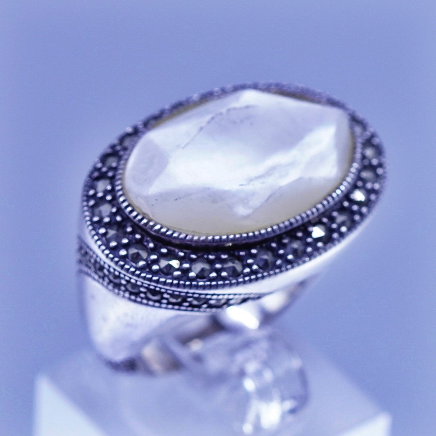 Size 7, Judith Jack Sterling 925 silver handmade ring, band marcasite moonstone