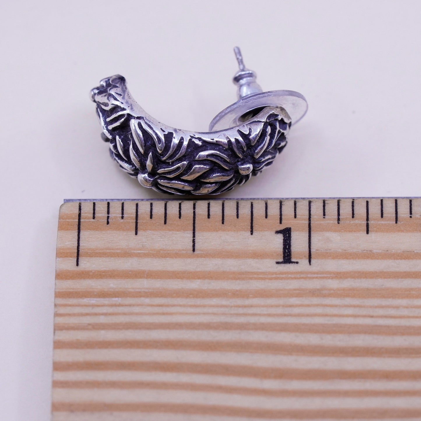 Vintage sterling silver handmade huggie studs, filigree 925 floral earrings
