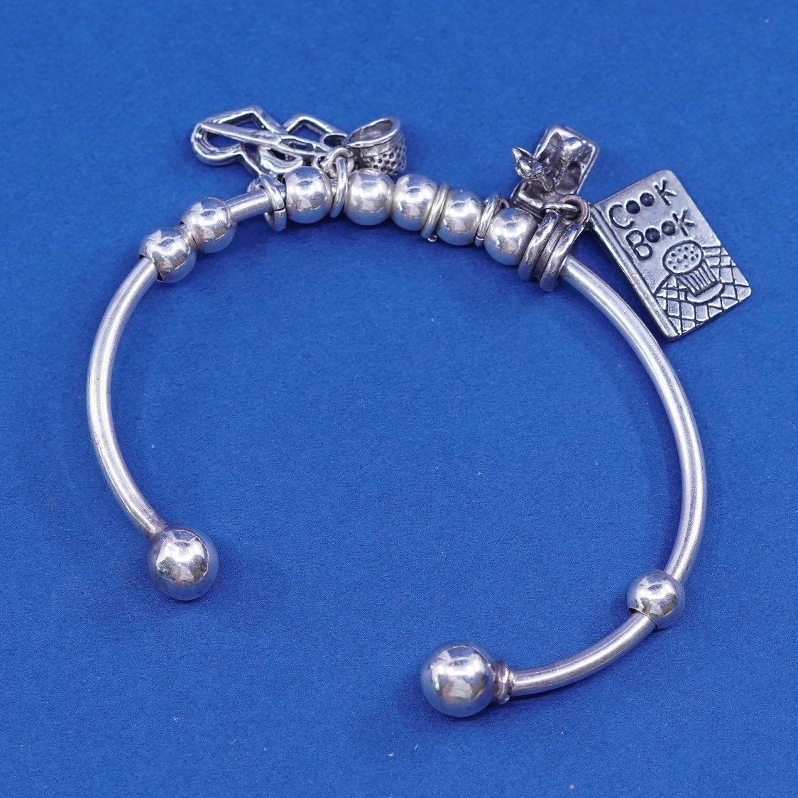 6.5" vtg Sterling silver handmade bracelet, Mexico 925 charm cuff double heart