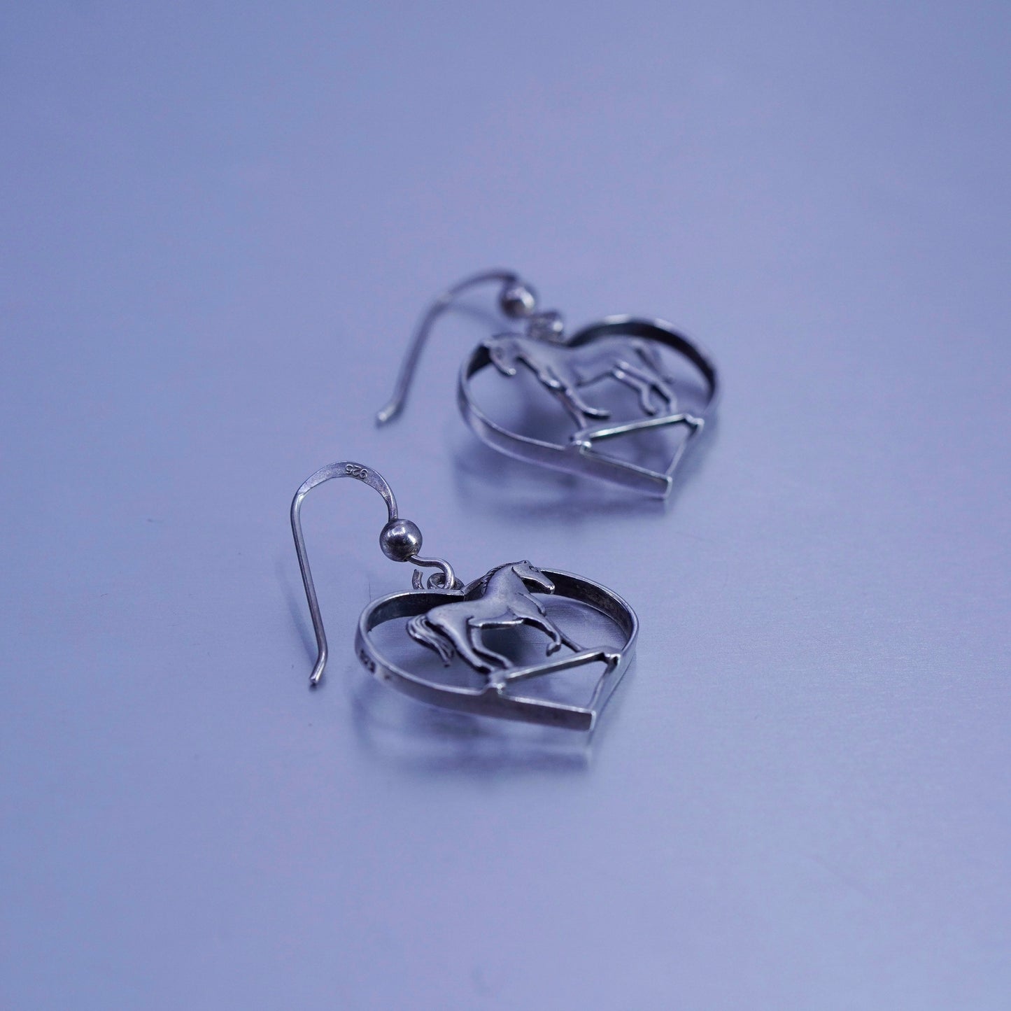 Vintage Sterling 925 silver handmade heart earrings with horse