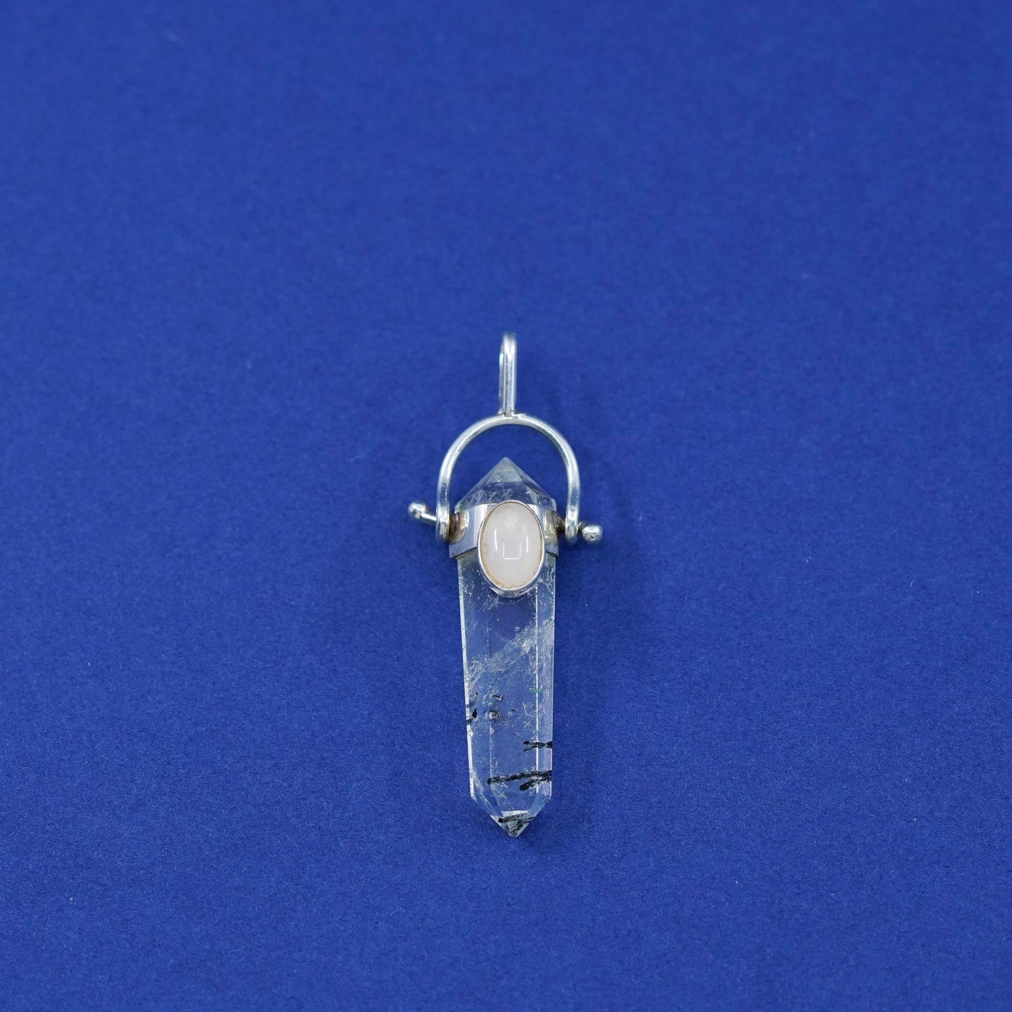 vtg handmade sterling silver charm, 925 Crystal healing Tourmalinated Quartz