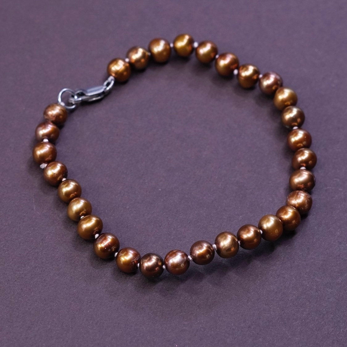 6.75”, vtg Sterling silver handmade bracelet, golden pearl chain w/ 925 clasp