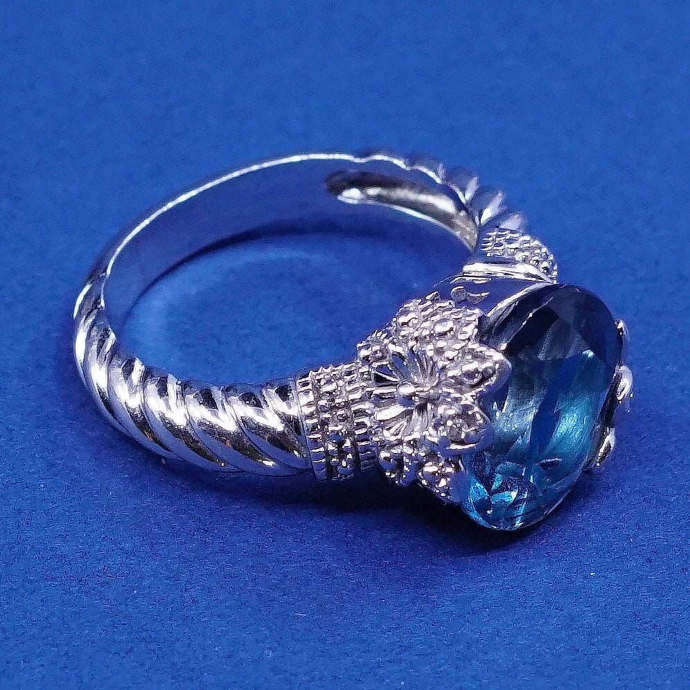 Size 6.25, vtg sterling silver handmade ring, 925 w/ oval blue topaz N flower