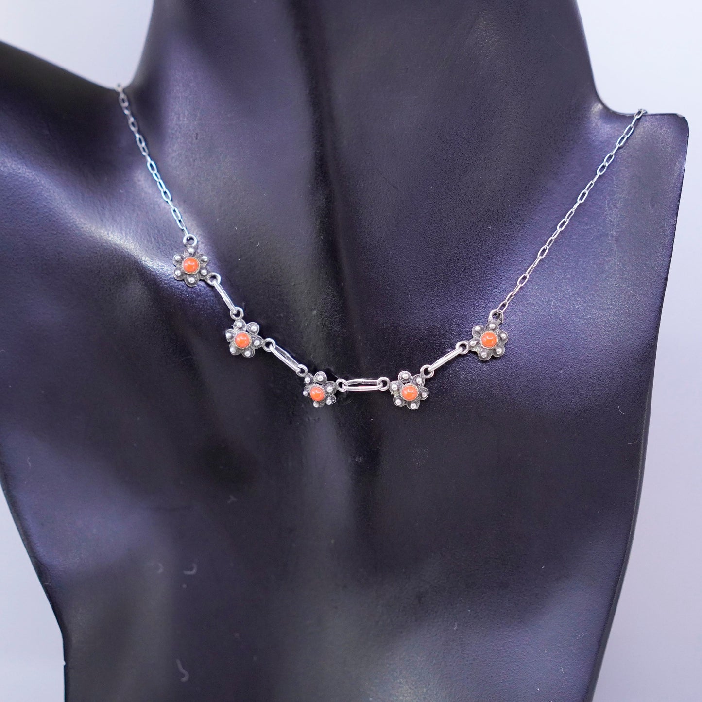18”, Native American Sterling 925 silver handmade necklace coral flower pendant