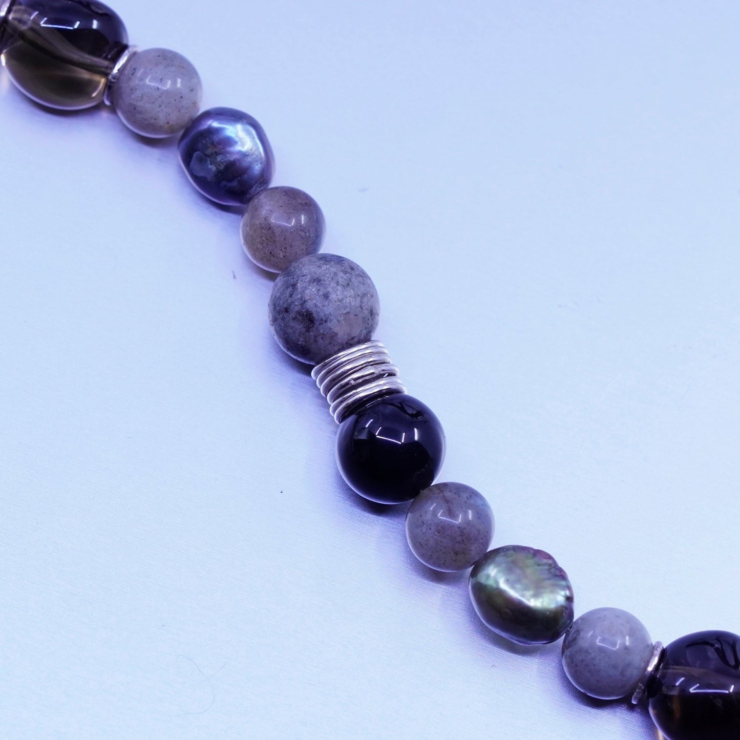 7”, QG Sterling 925 silver bracelet freshwater pearl, smoky topaz, labradorite