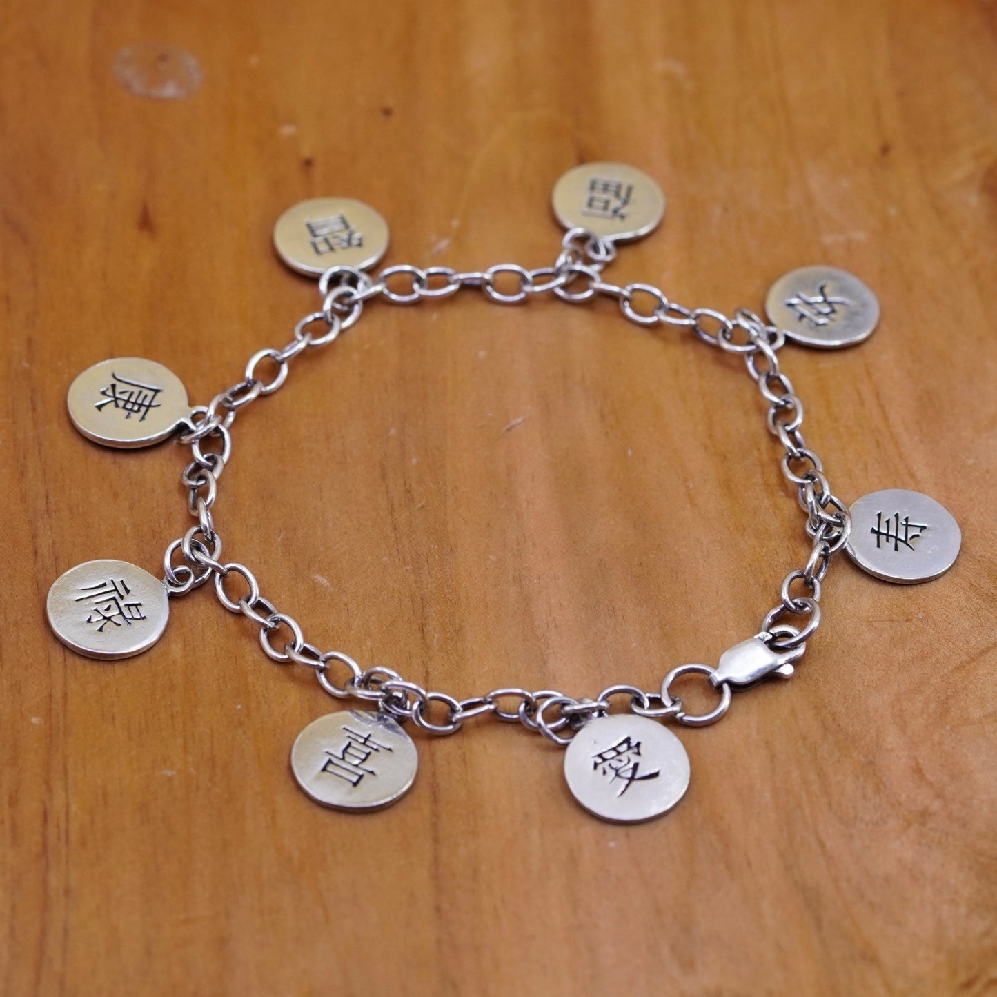 7.5”, Sterling silver charm bracelet, 925 circle chain happiness love good luck