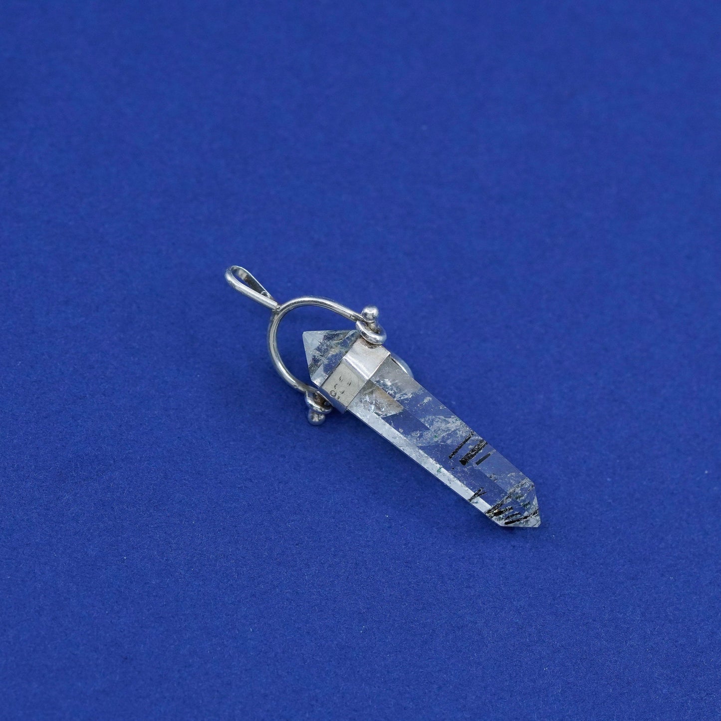 vtg handmade sterling silver charm, 925 Crystal healing Tourmalinated Quartz