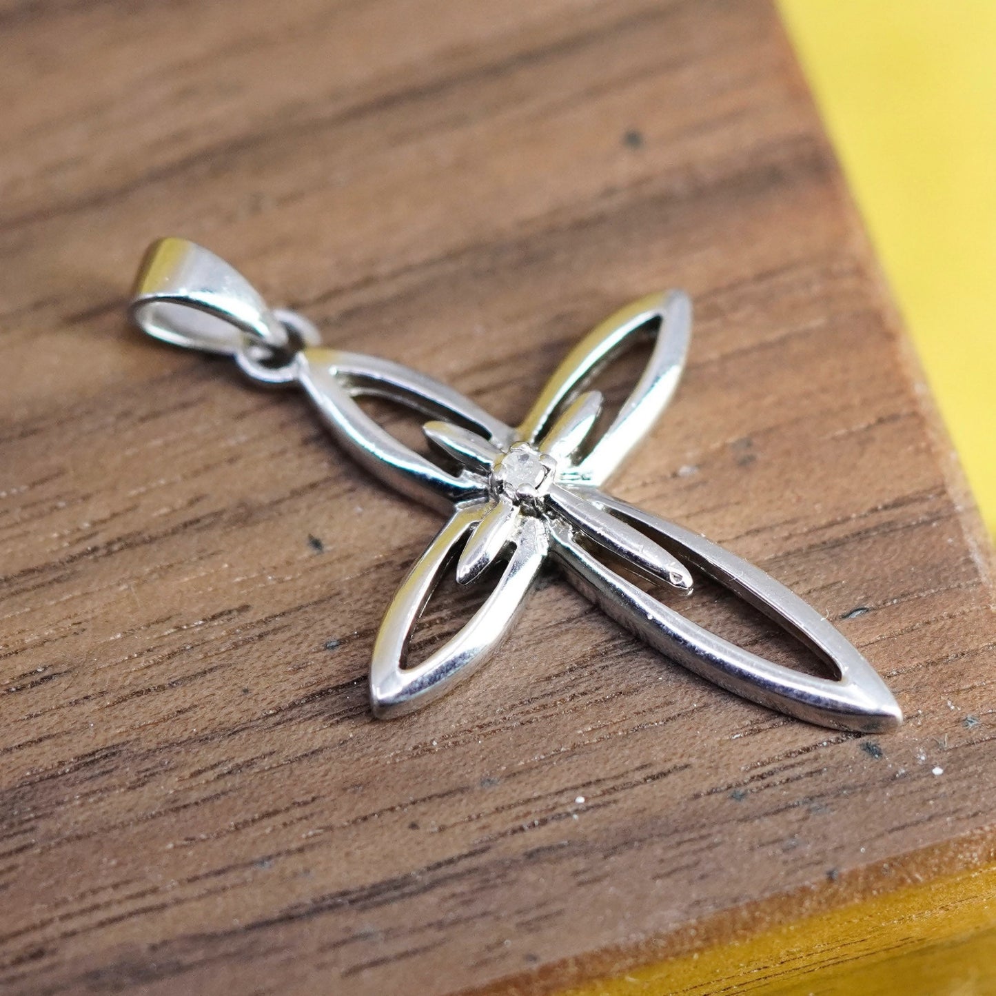 Vintage Sterling silver handmade pendant, 925 cross charm with diamond