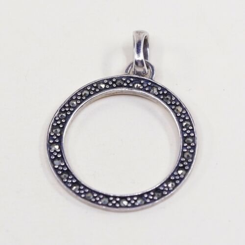 Vintage Sterling Silver Curcle Pendant, Solid 925 Silver Charm W/ Marcasite