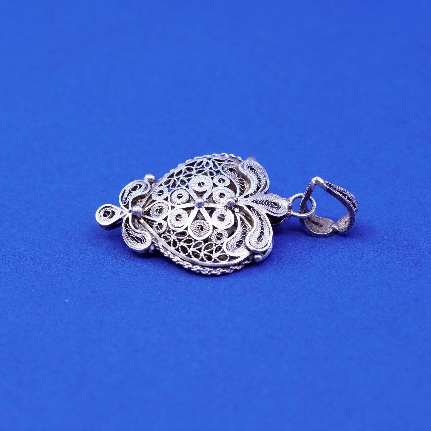 Vintage Sterling silver handmade pendant, puffy 925 filigree heart