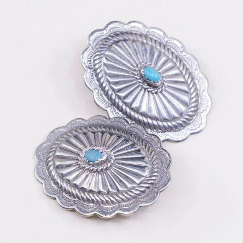 Vintage Sterling Silver Handmade Earrings, Navajo 925 Ribbed Studs W/ Turquoise