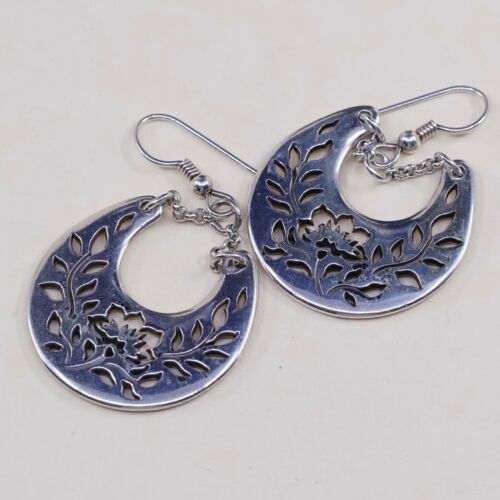 Vintage Sterling Silver Handmade Earrings, 925 Flower Leaves Cut Out Dangles