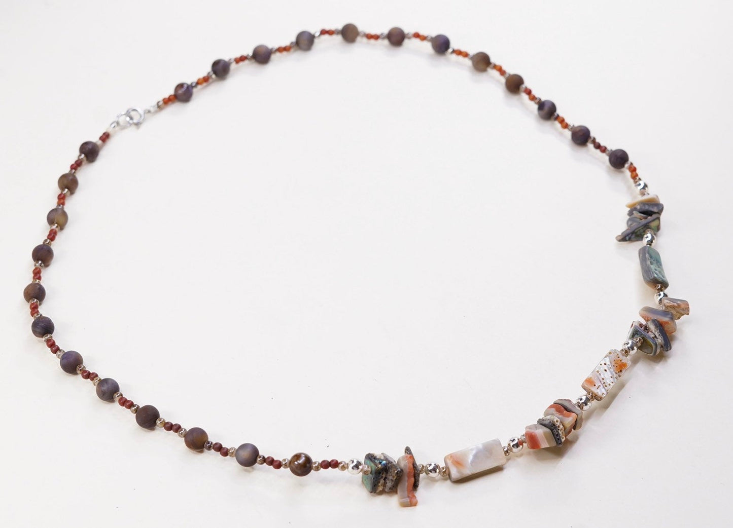 26”,vtg handmade golden tiger eye abalone beads necklace w/ 925 sterling clasp