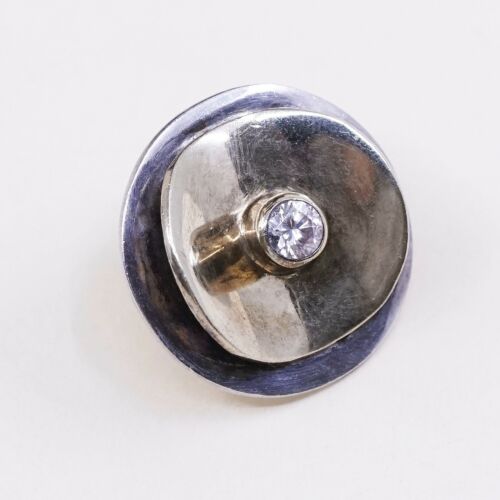 Vtg Modern Two Tone Sterling Silver Handmade Earrings, 925 Studs W/ Cz