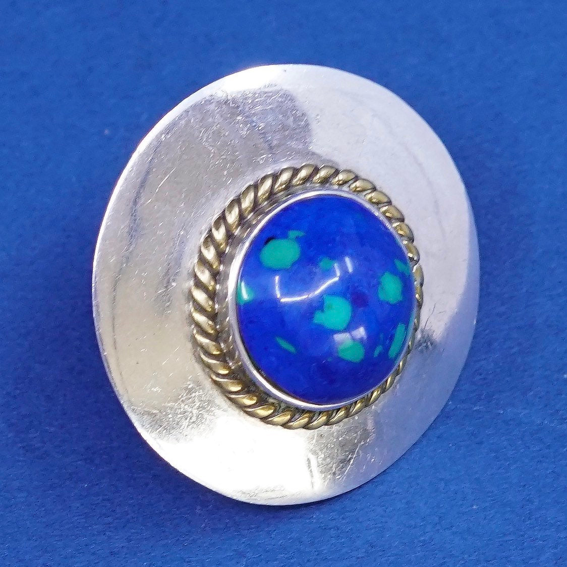 two tone Sterling silver handmade earrings, mexico 925 azurite studs w/ cable