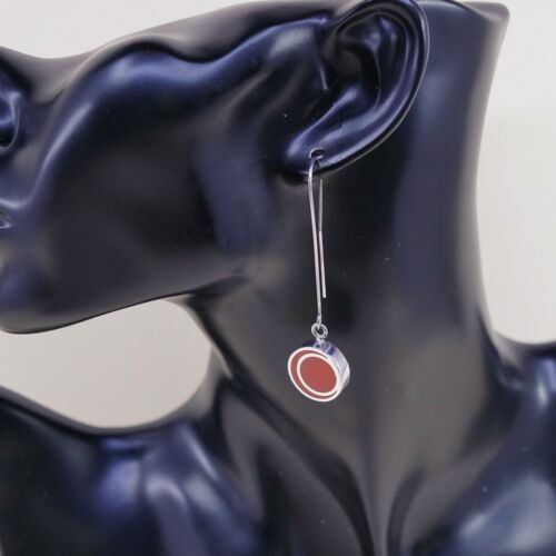 Signed TEGO & Co Sterling Silver Red Lucite Round Modernist Long Hook Earrings