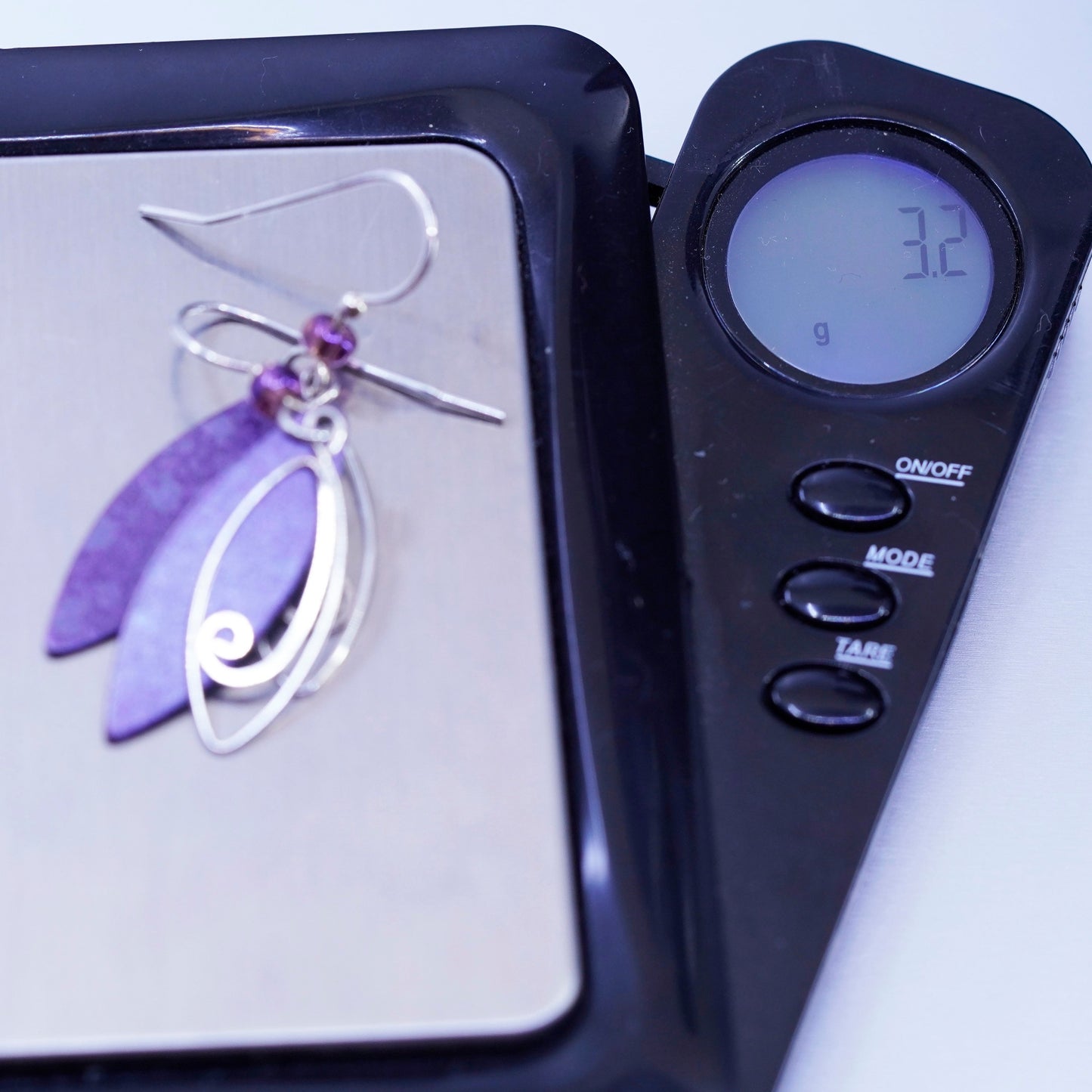 Vintage Sterling 925 silver handmade swirly earrings with purple stone