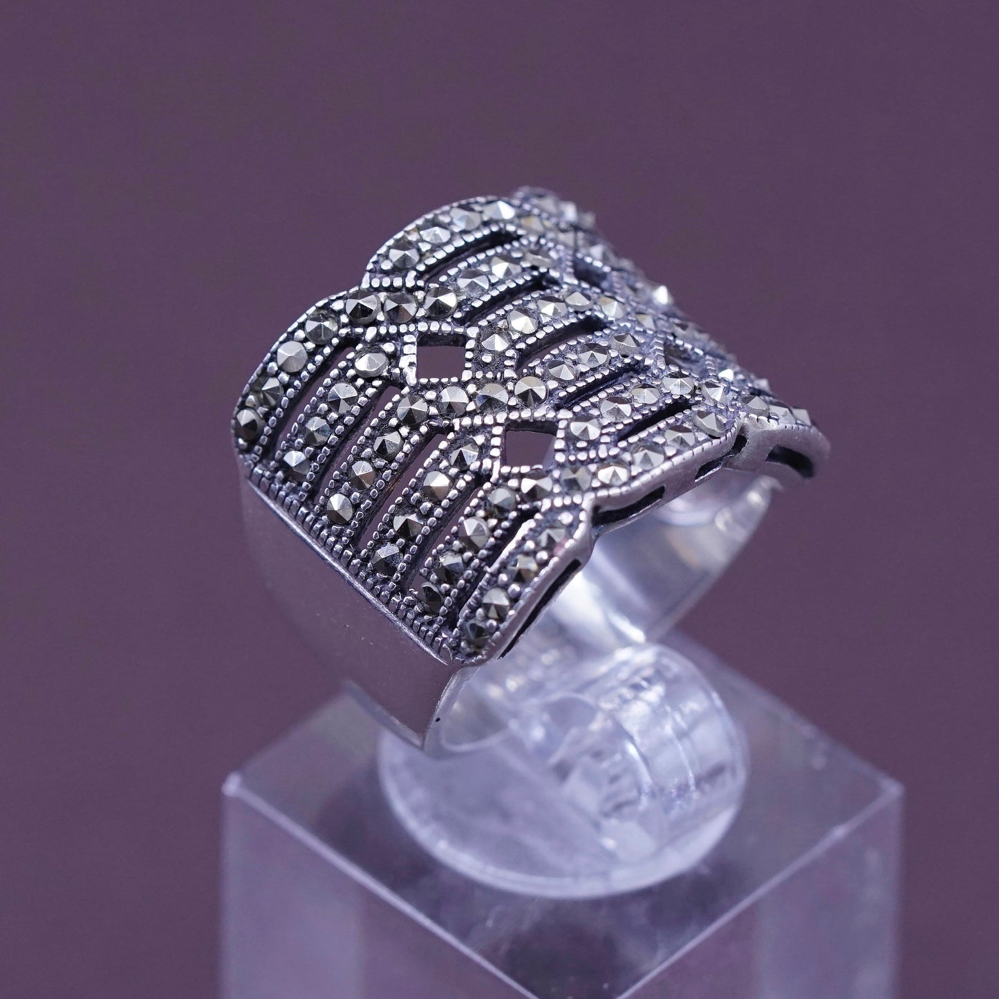 sz 7, vtg Art Deco Sterling silver handmade ring, wide 925 band with marcasite