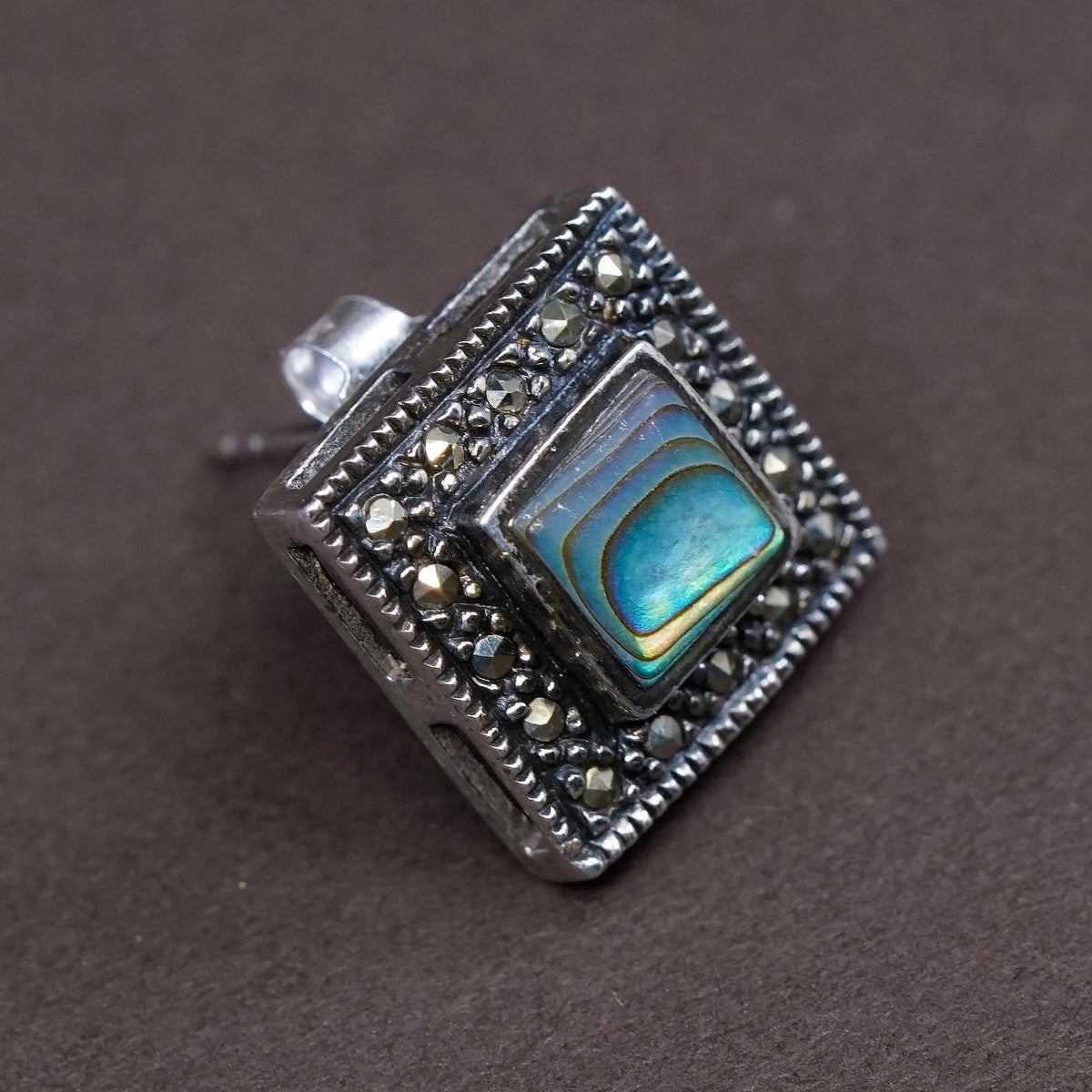 vtg Sterling Silver Handmade Earrings, 925 Square studs w/ abalone N Marcasite