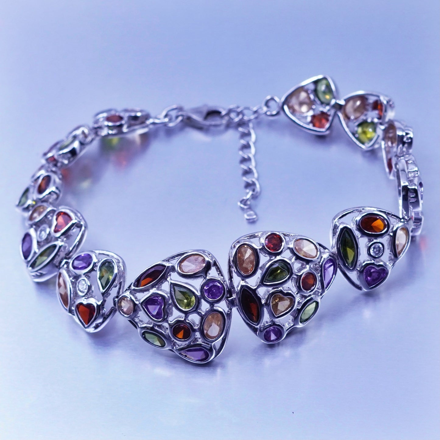 7.5+1”, Sterling 925 silver handmade bracelet chain peridot ruby amethyst cz