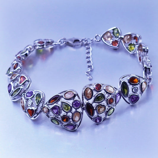 7.5+1”, Sterling 925 silver handmade bracelet chain peridot ruby amethyst cz