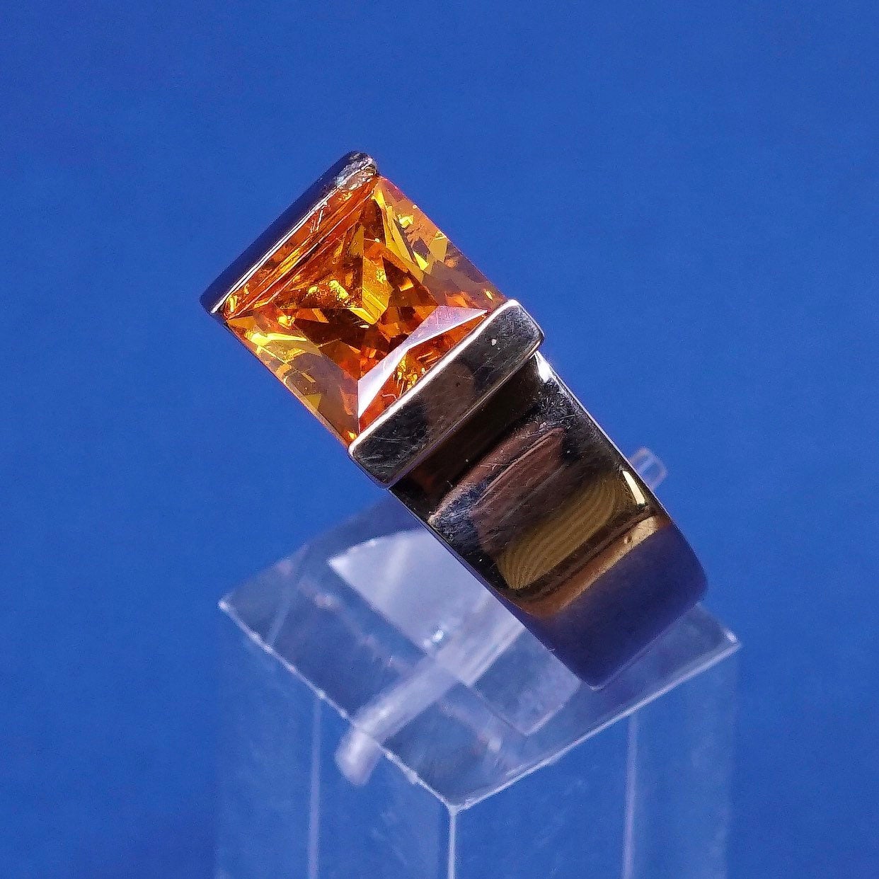 sz 9, vermeil gold over sterling silver handmade ring, modern 925 w/ crystal