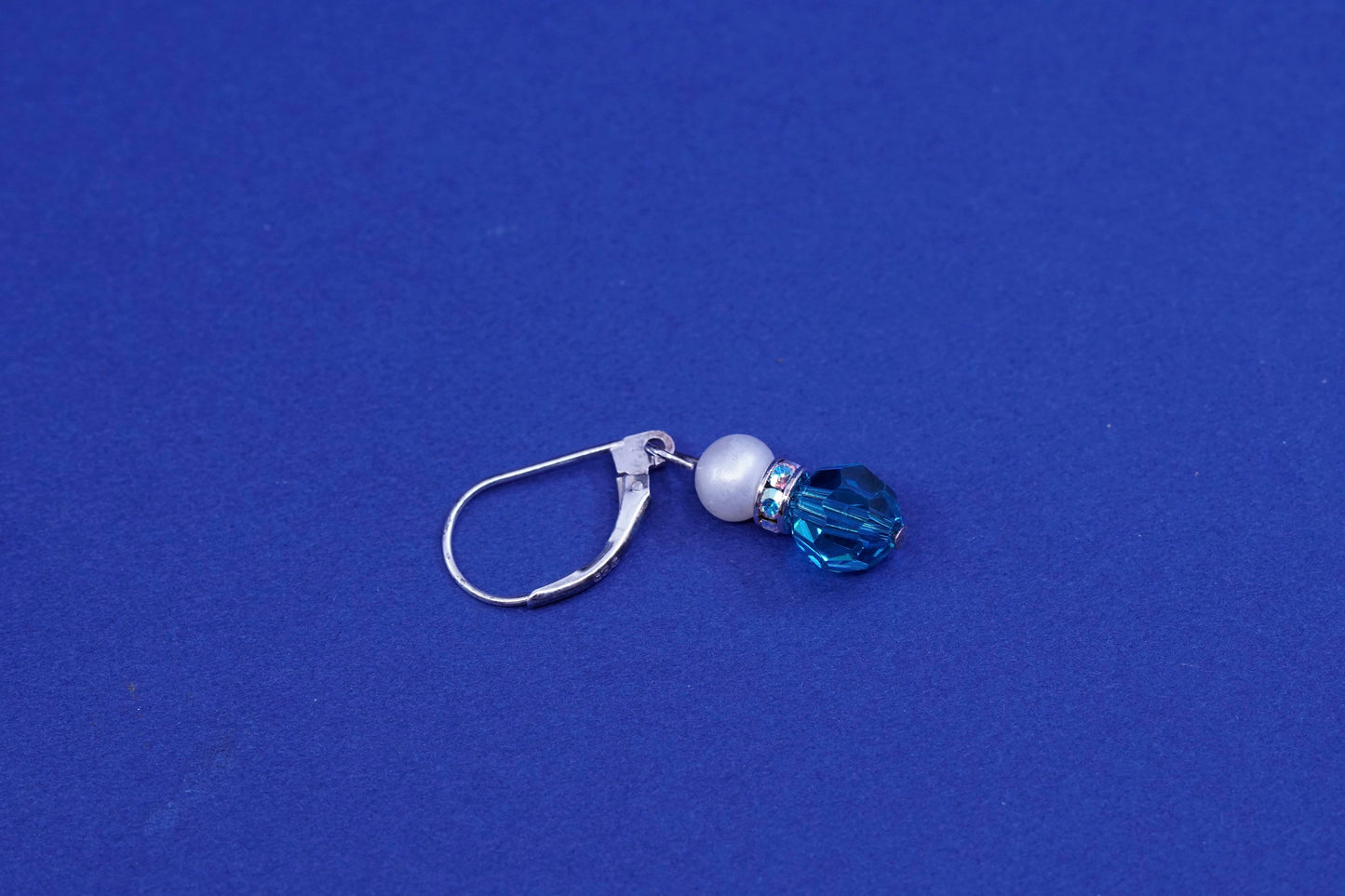 Vintage sterling 925 silver handmade earrings, with cube blue crystal and pearl