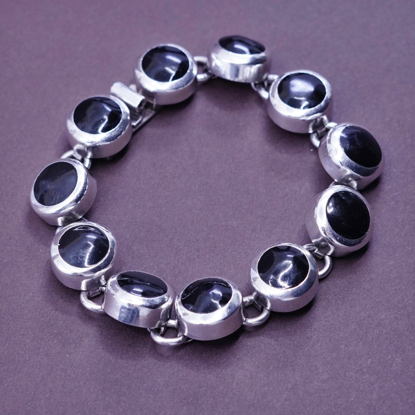7.25”, vtg Sterling silver handmade bracelet, Mexico 925 with round obsidian