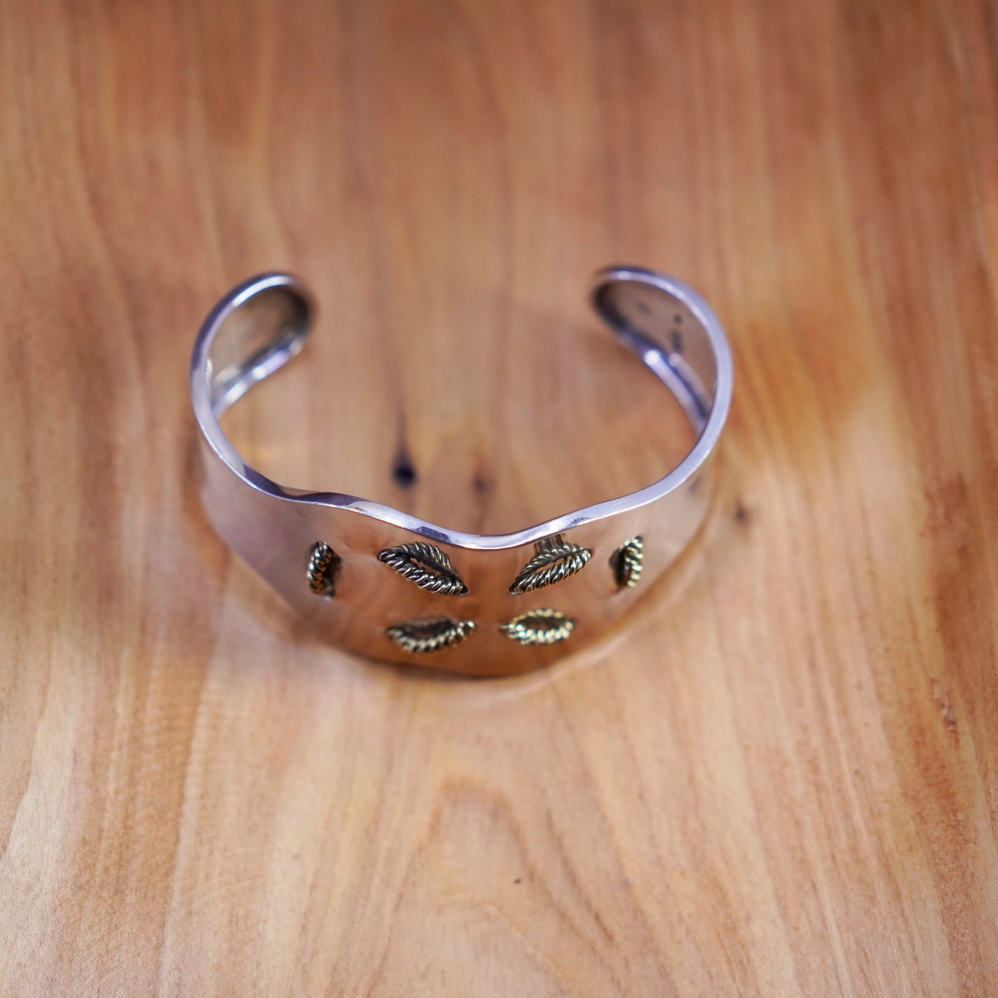6.75”, mexico two tone Sterling silver handmade bracelet, wide 925 cuff cable
