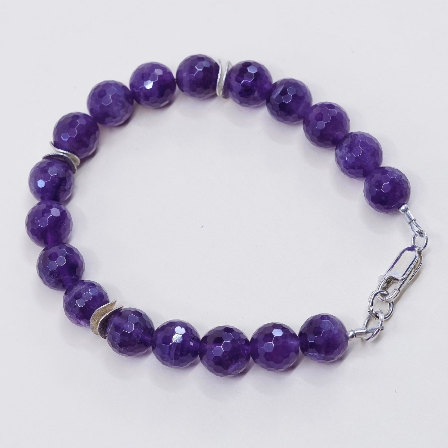 7.5” Vintage Sterling 925 silver handmade bracelet, natural amethyst beads