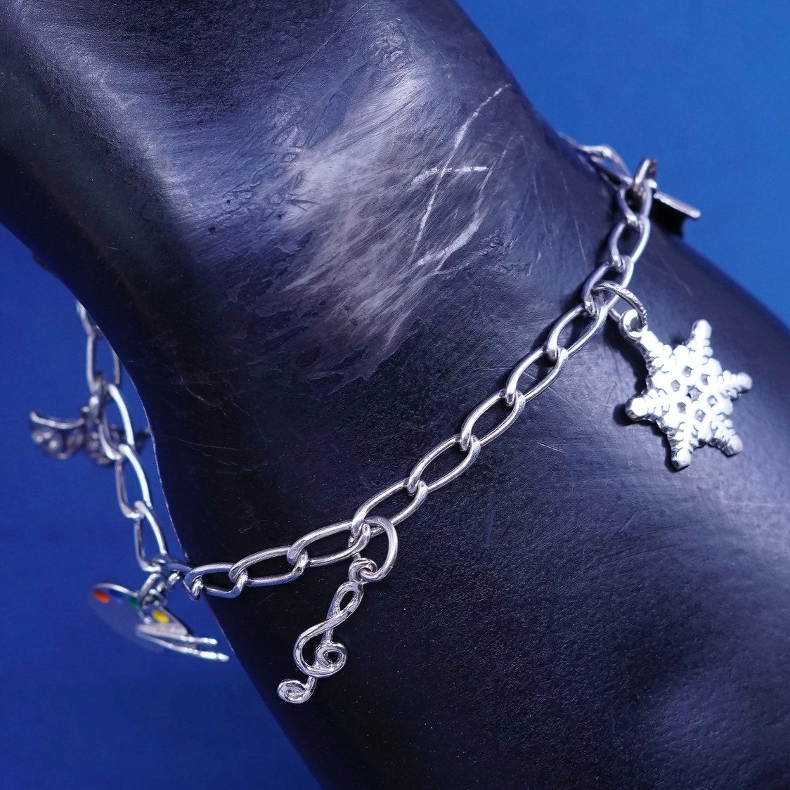 6.5", vtg Sterling silver handmade bracelet, 925 elongated chain w/ 5 charms