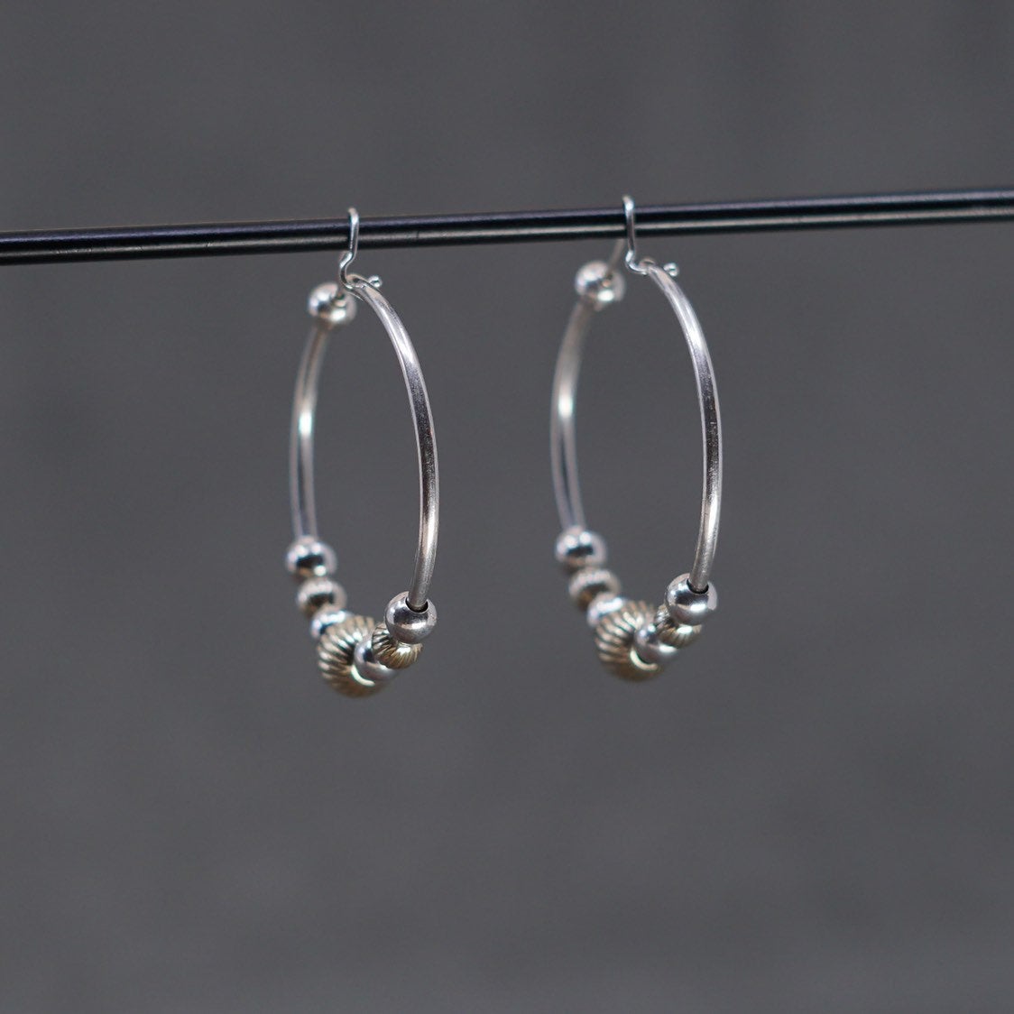 1.5", vtg Two Tone Sterling silver hoops, 925 flatten huggie earrings N beads