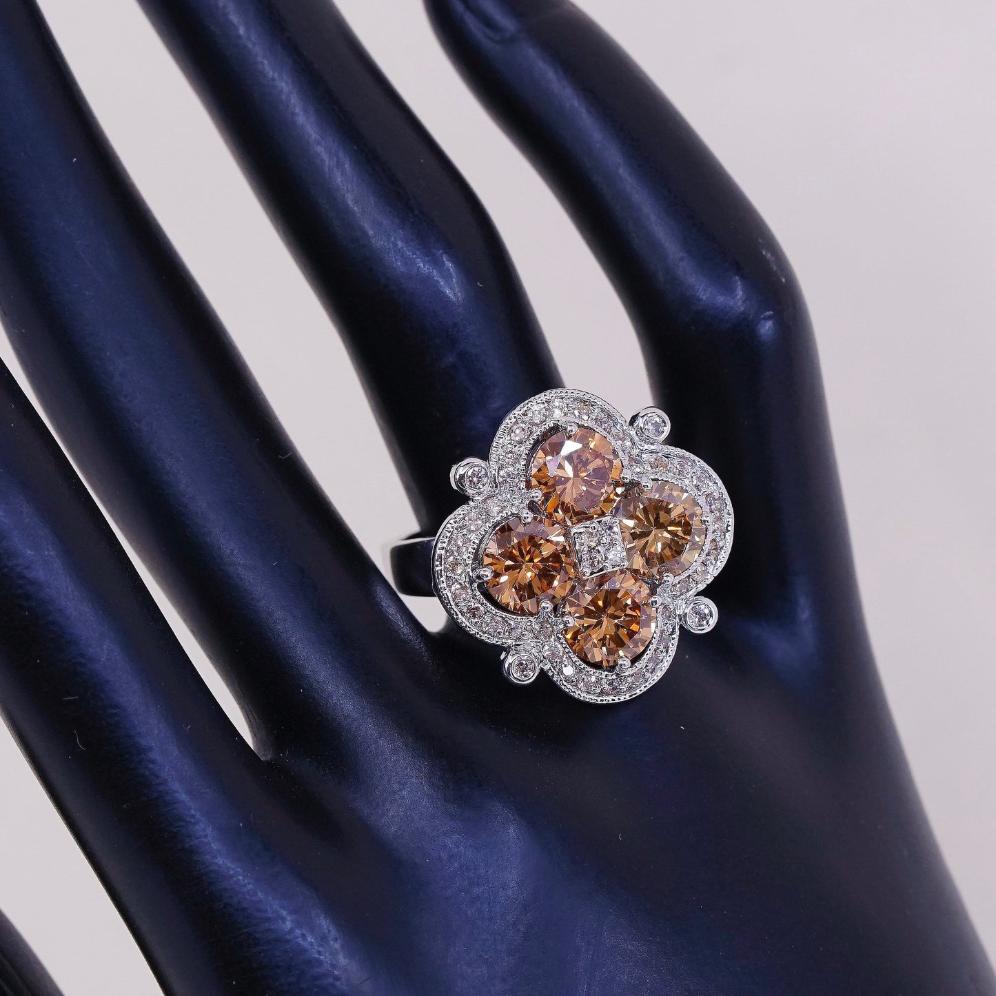 sz 8, vtg sterling 925 silver citrine flower ring, statement, cocktail ring