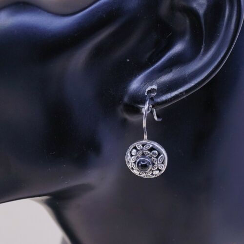 Vtg ATI Sterling Silver Handmade Earrings, 925 Circle W/ Obsidian N Bali