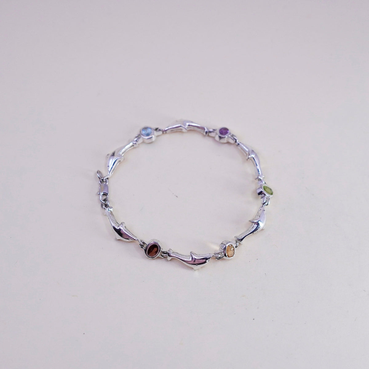 7”, Sterling silver handmade bracelet, 925 dolphin chain colorful gemstones